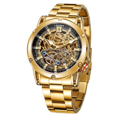 FORSINING Mens Automatic Skeleton Big Face High End Strong Mechanical Movement Watch Gold and Black