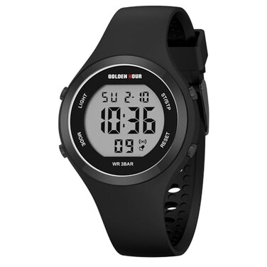 GOLDEN HOUR Waterproof Sport Womens Digital Chronograph Silicone Strap Watch in Black Case