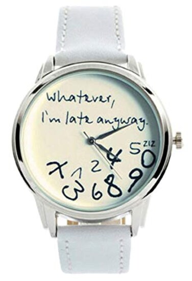 Vavna Whatever Im late anyway Print Leather Women Men Silver Quartz Watch White