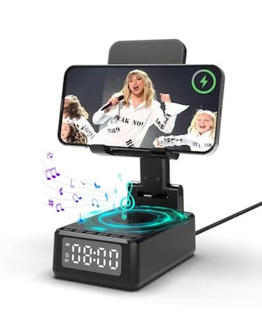 WamGra Birthday Gifts for Men Women Cell Phone Stand with Bluetooth Speaker Wireless Charging Phone Stand with Alarm Clock for iPhone Stereo Sound Foldable Adjustable Desk Bedside Holder for Home Offi