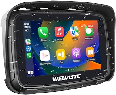 Weuaste Portable 5 Wireless Motorcycle CarPlay Screen with Android Auto GPS Navigation System Bright Waterproof HD Touch Screen IP67 Waterproof Dual Bluetooth Support Siri and Google Assistant