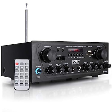 Pyle 2Channel Stereo Amplifier with Bluetooth Wireless 250W Audio Receiver Perfect for Karaoke with Dual Mic in with Echo Mic TalkOver FM Radio USBA MP3 Player RCA AUX Remote PTA24BT5