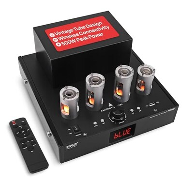 Pyle Bluetooth Amplifier Receiver with 4 Vacuum Tubes 500W HighFidelity Home Audio Stereo System USB Reader CDDVD Inputs Subwoofer Output Builtin Cooling Fan