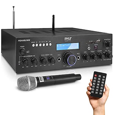 Pyle Wireless Microphone Power Amplifier System 200W Dual Channel Sound Audio Stereo Karaoke Speaker Receiver wUSB AUX Microphone in wEcho RadioHome Theater via RCA Studio Use PDA8BUWM5
