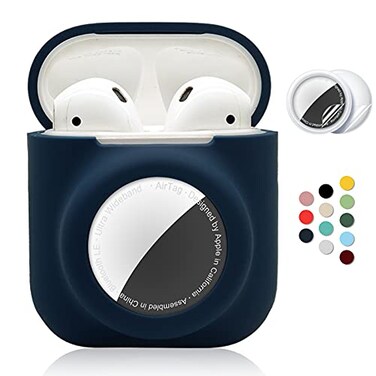 Enspito 2 in 1 Silicone Protective Skin Cover Compatible with AirPod 12 and AirTag Soft Comprehensive Protective Case with 2 PCS TPU Screen Protector AntiScratch AntiFall AntiLostNavyBlue