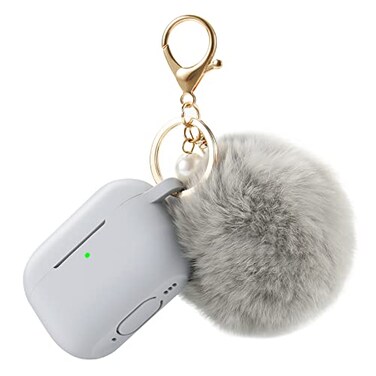 Cypher.V Case Cover for Airpods Pro 2nd Generation Charging Case 2022 Soft Silicone Protective Case with Keychain and Cute Puff Pom Pom Ball Kit Front LED Visible Grey