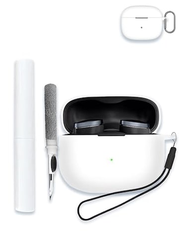 WUNIAK Case for Bowers Wilkins Pi8 Wireless Earbuds inEar Bluetooth Earphones Soft Silicone Protective Portable Scratch Shock Resistant Shell with Cleaner Kit Carabiner LanyardWhite
