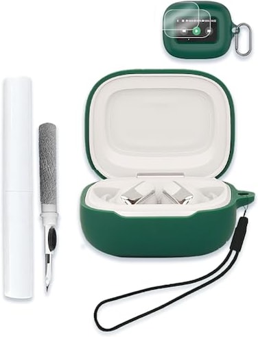 WUNIAK Case for JBL Live Beam 3 Buds 3 Flex 3 Earbuds Soft Silicone Protective Portable Scratch Shock Resistant Compatible with Shell with Cleaner Kit Carabiner LanyardGreen