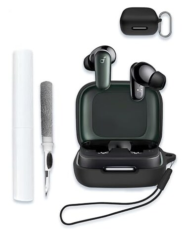 WUNIAK Case for Soundcore by Anker P30i Earbuds Soft Silicone Protective Portable Scratch Shock Resistant Hard Shell with Cleaner Kit Carabiner LanyardBlack