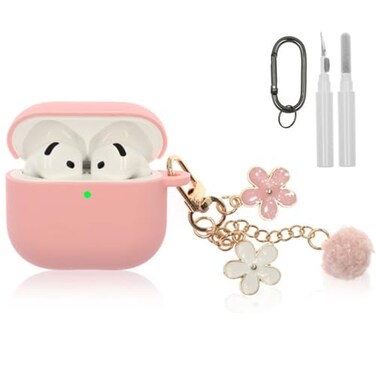 CASEFUN Compatible with AirPods 4 Case Premium Soft Silicone Protective Case Cover for Apple AirPods 4th Generation with Cleaner Kit Keychain Accessories for Women Girls