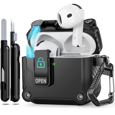 Ekoonpft for AirPods 4 Case 2024 Secure Lock AutoOpen Design for Apple AirPods 4th Generation Case Cover with Cleaner and Keychain for Men Women AntiScratch Drop Protection