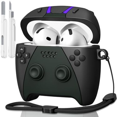 KOREDA for AirPods 4 Case Cover with Cleaner Kit Cute Funny 3D Game Controller Design Silicone Protective Case with Lanyard for AirPods 4th Generation 2024 Black