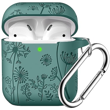 Lerobo Flower Engraved Cover for AirPods Case Stylish Soft Silicone Protector with Keychain Compatible with Apple AirPod 1st2nd Generation Charging Case Front LED Visible Pine Green