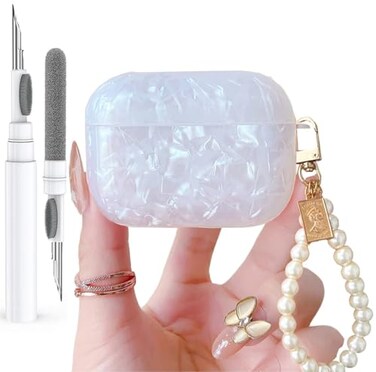 Olytop for Cute Glitter Airpods Pro 2nd1st Generation Case 202320222019 with Cleaner Pen Shell Pattern Air pod iPod Pro 21 Gen Cover Protective Skin Girl Women with Luxury Pearl Keychain White