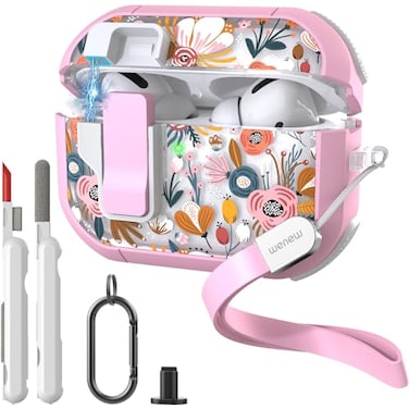 wenew WENEW Case for AirPods Pro Pro 2 Case Cover Secure Lock Automatic Snap Switch Clip Cleaner Kit Lanyard Women Stylish Flower Full Body Hard Shell Front LED Visible Pink Flower AirPods Pro Pro 2