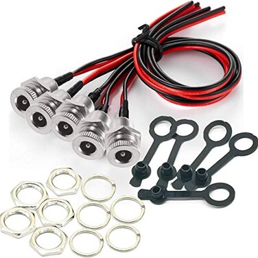 QOFOWIN 55 x 21 MM 8A DC Power Jack Cord Socket Threaded Female Mount Connector with Presoldered Wires and Waterproof Cover Cap for CCTV Surveillance Security Camera System