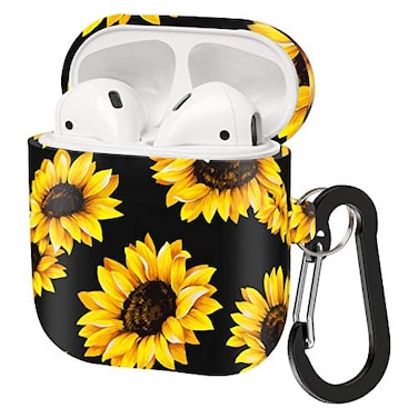 ALNBO Compatible with AirPods Case Soft Silicone Protective Case Cover for AirPods 2 1Front LED Visible Black Sunflower