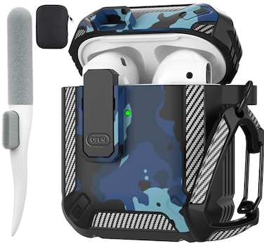Maxjoy for AirPods 2nd Generation Case Cover AirPods Case with Lock Gen 2 Hard Shell Rugged Shockproof Protective Cover with Keychain Cleaner Kit Compatible with Apple AirPods2 AirPods1 Blue Camo
