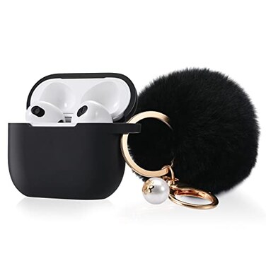 Cypher.V Protective Case Cover for Airpods 3 Charging Case Soft Silicone Case Compatible with Air Pods 3rd Generation 2021 with Cute Ball Fluffy Pom Pom Keychain Kit 3rd Black