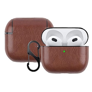 YQG 2021 Leather Case Compatible with AirPods 3rd Generation FullyWrapped Portable Shockproof Leather Cover with Keychain Apple Airpods 3 Charging Case for Women Men Front LED Visible Coffee