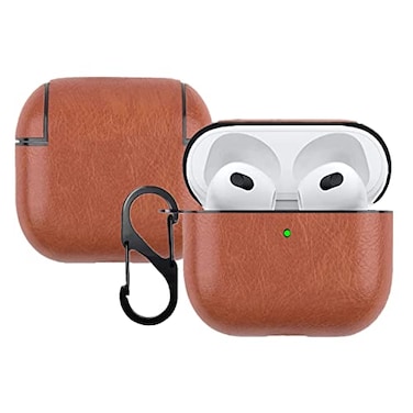 YQG 2021 Leather Case Compatible with AirPods 3rd Generation FullyWrapped Portable Shockproof Leather Cover with Keychain for Apple Airpods 3 Charging Case for Women Men Front LED Visible Brown