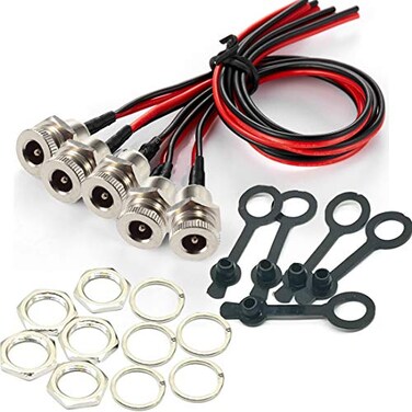 QOFOWIN qofowin 55 x 21 MM 8A DC Power Jack Cord Socket Threaded Female Mount Connector Copper Adapter with Presoldered Wires and Waterproof Cover Cap