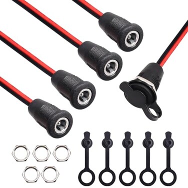 weideer 5Pcs 10A DC099 DC Power Jack Cord Socket 55x21MM Threaded Female Mount Connector Adapter with 15CM 20AWG Presoldered Wires Waterproof Cover Cap K078