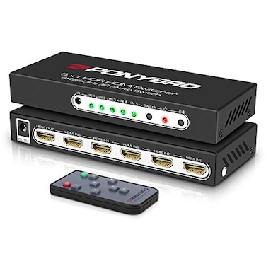 PONYBRO HDMI 20 Switch 5 Port 4K60Hz AutoSwitching 5 in 1 Out with Remote HDR10 3D Ultra HD for PS5XboxPCFire TV Zero Delay