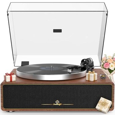 seasonlife Turntable Record Player with Builtin Speakers Vinyl Record Player Support Bluetooth Playback Auto Stop 3345 RPM Speed RCA Line Out AUX in Allinone BeltDrive Turntable for Vinyl Records