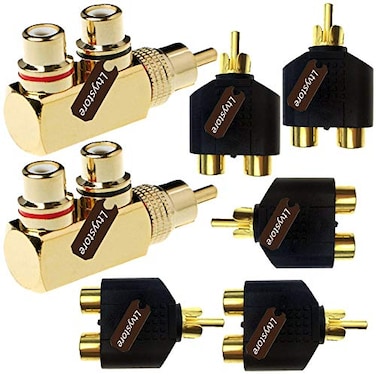 Ltvystore 2Pcs RCA Male to 2 Female Right Angle Plug Splitter Adapter Connector 5 Pcs Audio Video Gold Male to 2 Female Coupler Adapter
