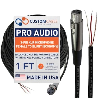 Custom Cable 1 Foot Connection ProAudio XLR Balanced Microphone Female to Blunt 18 AWG Economy Shielded Install Cable