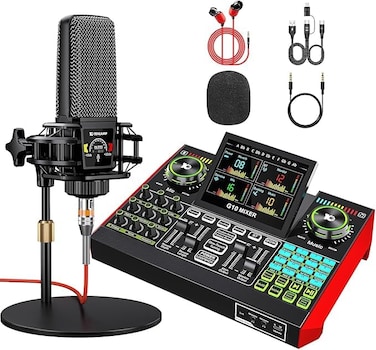 Beyoursun Podcast Equipment Bundle Audio Mixer with Studio Condenser Microphone Live Sound Card Audio Mixer Interface Sound Board Sound Card with Voice Changer Denoise for PC Recording Gaming Podcasti