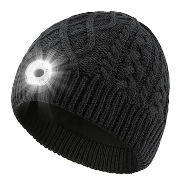 Wewow Unisex Beanie Hat with Light LED USB Rechargeable Headlamp Beanie Gifts for Dad Father Men Husband Warm Knitted Cap Black