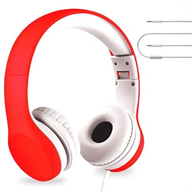 LilGadgets Connect Foldable Headphones Adjustable Fit Soft Touch Padding for Kids with Mic VolumeLimited Noise Reduction OnEar Wired Headset for School with SharePort Red Ages 314