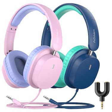 A+ Scholars A Scholars 2 Pack Kids Headphones with Sharing Splitter Stereo Sound OverEar Wired Headphones for Kids Comfortable Fit FoldableTangleFree 35mm Jack Heaphones for School TabletLaptopCompute