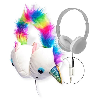 Coby Zooland Wired Plush Kids Headphones Portable OverEar Headphones with 35mm Jack and Builtin Splitter Volume Limit at 85 dBs Builtin Microphone Adjustable Headband Unicorn Sparkle