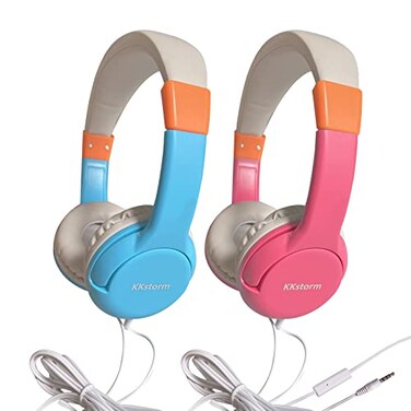 KKstorm Premium Childrens Wired Headphones with Mic Gaming Studio Headphones 2PACK Blue Pink