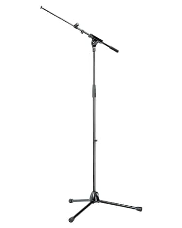 K&M KM Konig Meyer 2108050055 Tripod Microphone Stand wTelescoping Boom Clutch Height Adjustment SoftTouch Lock Folding Leg Design Zinc DieCast Base German Made Black