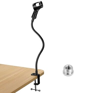 QWORK Gooseneck Microphone Stand 13 Inch ClampOn Desktop Mic Stand with 360 Flexible Arm HeavyDuty Desk Mount 38 to 58 Adapter Mic Clip for Podcasting Streaming Podium