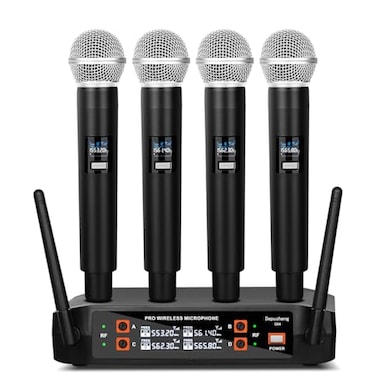 Depusheng DX4 Wireless Microphone Professional 4 Channels Karaoke Handheld System for Home Karaoke Meeting Party Church DJ Wedding Home KTV Set