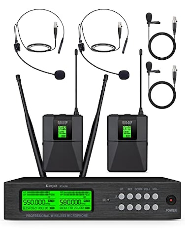 Kimyah Wireless Lavalier and Headset Microphone SystemDual UHF Cordless Bodypack Mics 2 Lavalier and 2 Headset Microphones 328ft RangeIdeal for Church and Teaching LectureKY6208