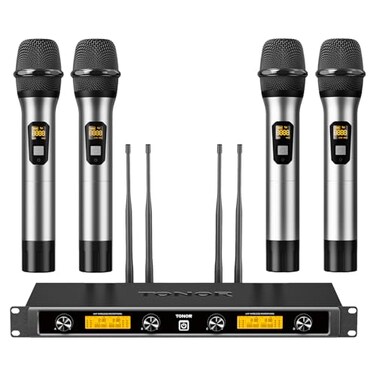 TONOR Wireless Microphones System 4x5 Channel UHF Wireless Mic 4 Handheld Adjustable Frequency Metal Cordless Dynamic Mic Multiset Operation 90 m Ideal for Karaoke Singing Wedding Church Silver