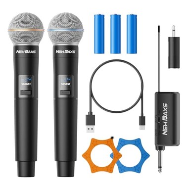 NEW BAXS Wireless Microphone Rechargeable Dual Cordless Handheld Dynamic Wireless MicsNEWBAXS Karaoke Microphones with 14 Output for Karaoke Meeting Singing Church Wedding