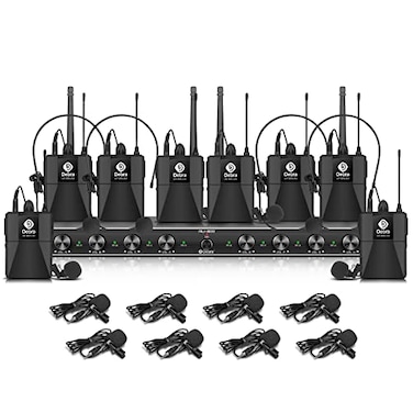 D Debra Audio AU800 Pro UHF 8 Channel Wireless Microphone System with Cordless Handheld Lavalier Headset Mics Metal Receiver Ideal for Karaoke Church Party 8 Bodypack