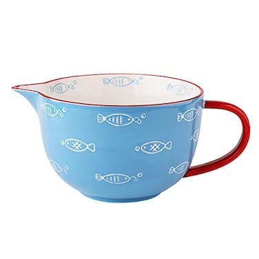 Gaolinci Blue Fish Pattern Kitchen Ceramic Mixing Bowl 1 Quart Large Bowl with Pouring Spout and Handle