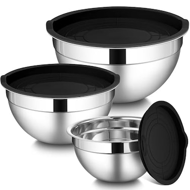LIANYU Mixing Bowls with Lids Set of 3 Large Small Stainless Steel Nesting Metal Bowls for Kitchen Storage Dishwasher Safe Size 15QT 3QT 46QT Black