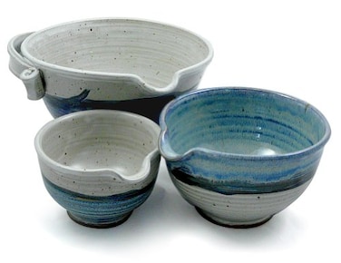 Modern Artisans American Made Stoneware Pottery Batter Bowls 3Piece Nesting Set French Blue Glaze