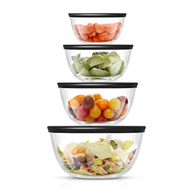JoyJolt Kitchen Mixing Bowls 8pc Glass with Lids Set Neat Nesting Large Bowl Batter Cooking Storage and Big Salad BPAFree Black