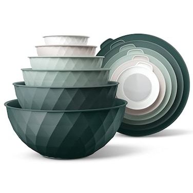 COOK WITH COLOR Mixing Bowls with Lids 12 Piece Plastic Nesting Bowls Set includes 6 Prep Bowls and 6 Lids Microwave Safe Mixing Bowl Set Green Diamond