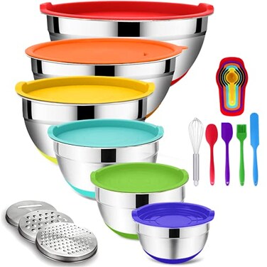 Rottay Mixing Bowls with Airtight Lids 20PCS Stainless Steel Mixing Bowl Set Nesting Bowls with 3 Grater Attachments NonSlip Bottoms Size7 4 3 2 15 1QT Bowls for BakingPrepping